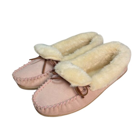 J. Crew Shoes - J.Crew Suede Shearling Fur Lined Slippers Sz.9 Pink Cream Fluffy Cozy Warm